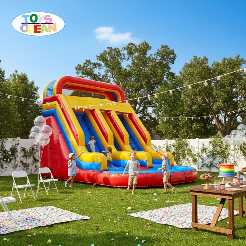 Water Slide Inflatable - Rode Gele Blauwe Drievoudige Baan Opblaasbare